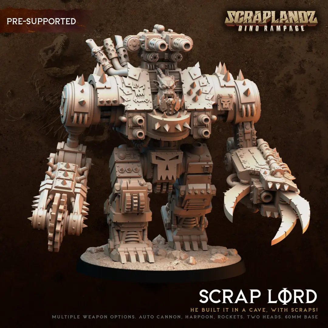 3D printed Orc Scraplord miniature by Dark Gods Miniatures, detailed orc figure with scrap armor and menacing stance.