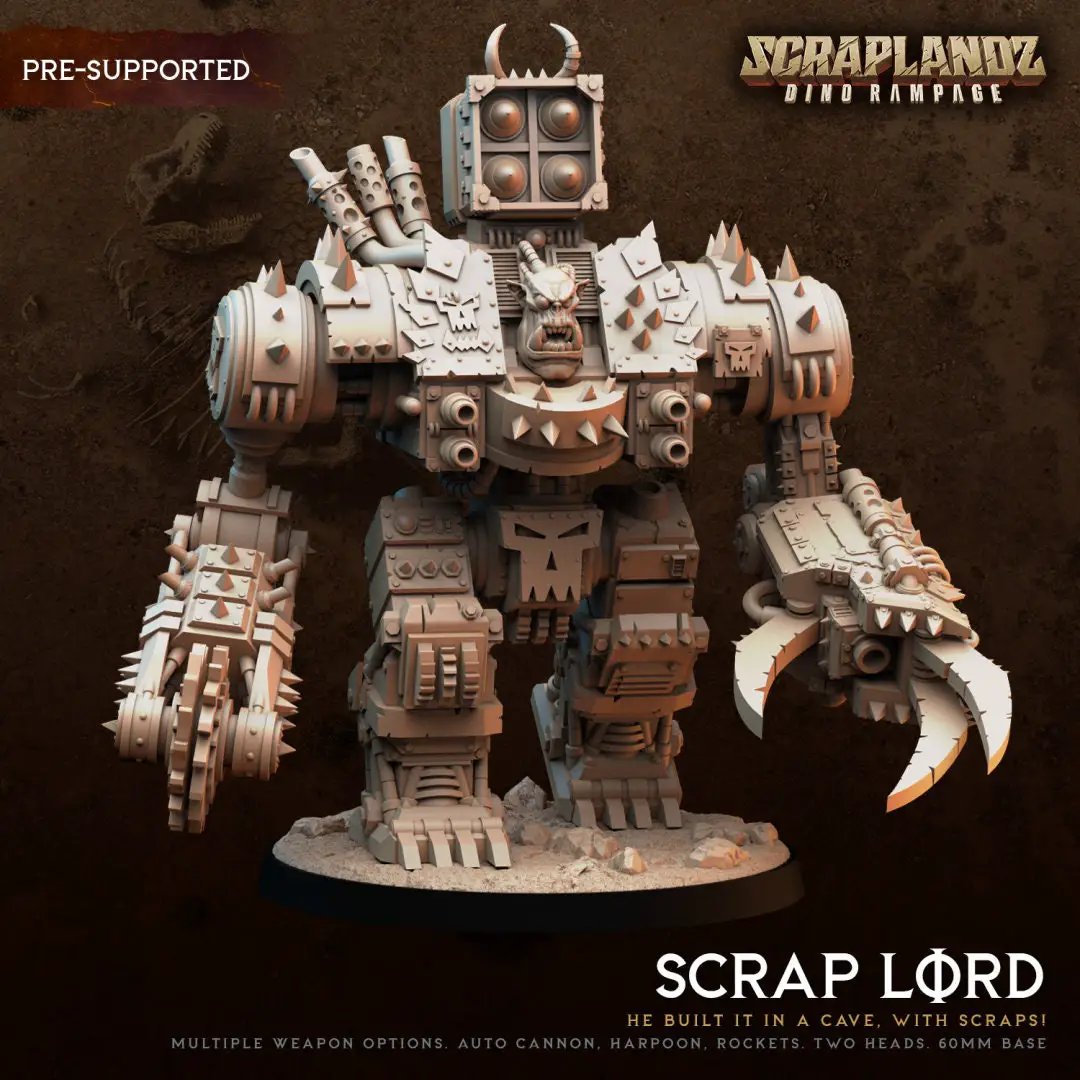 3D printed Orc Scraplord miniature by Dark Gods Miniatures, detailed orc figure with scrap armor from Last Hope Miniatures.