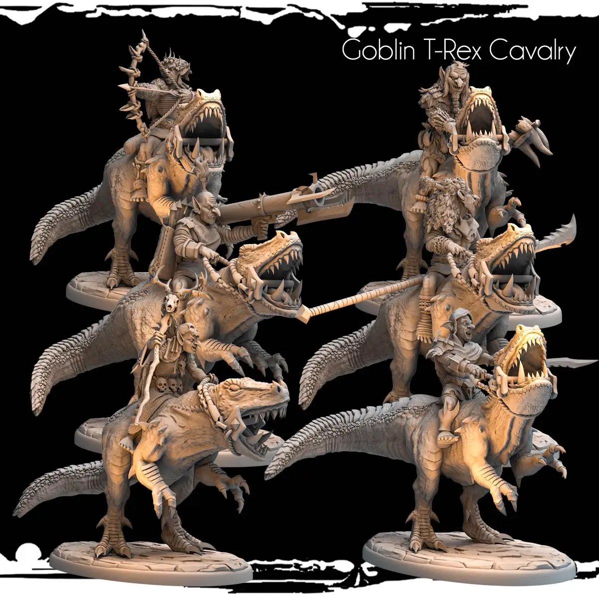 3D printed Goblin T-Rex Cavalry miniature by Last Hope Miniatures for Last Hope Miniatures, detailed fantasy creature with rider.