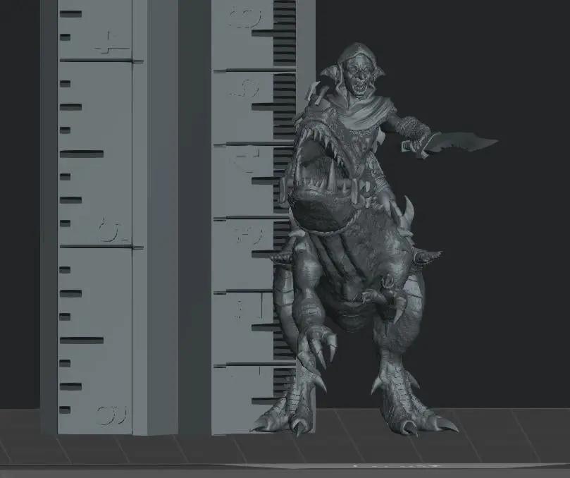 3D printed Goblin T-Rex cavalry figure by Last Hope Miniatures, featuring a goblin riding a T-Rex with detailed textures and vibrant colors.