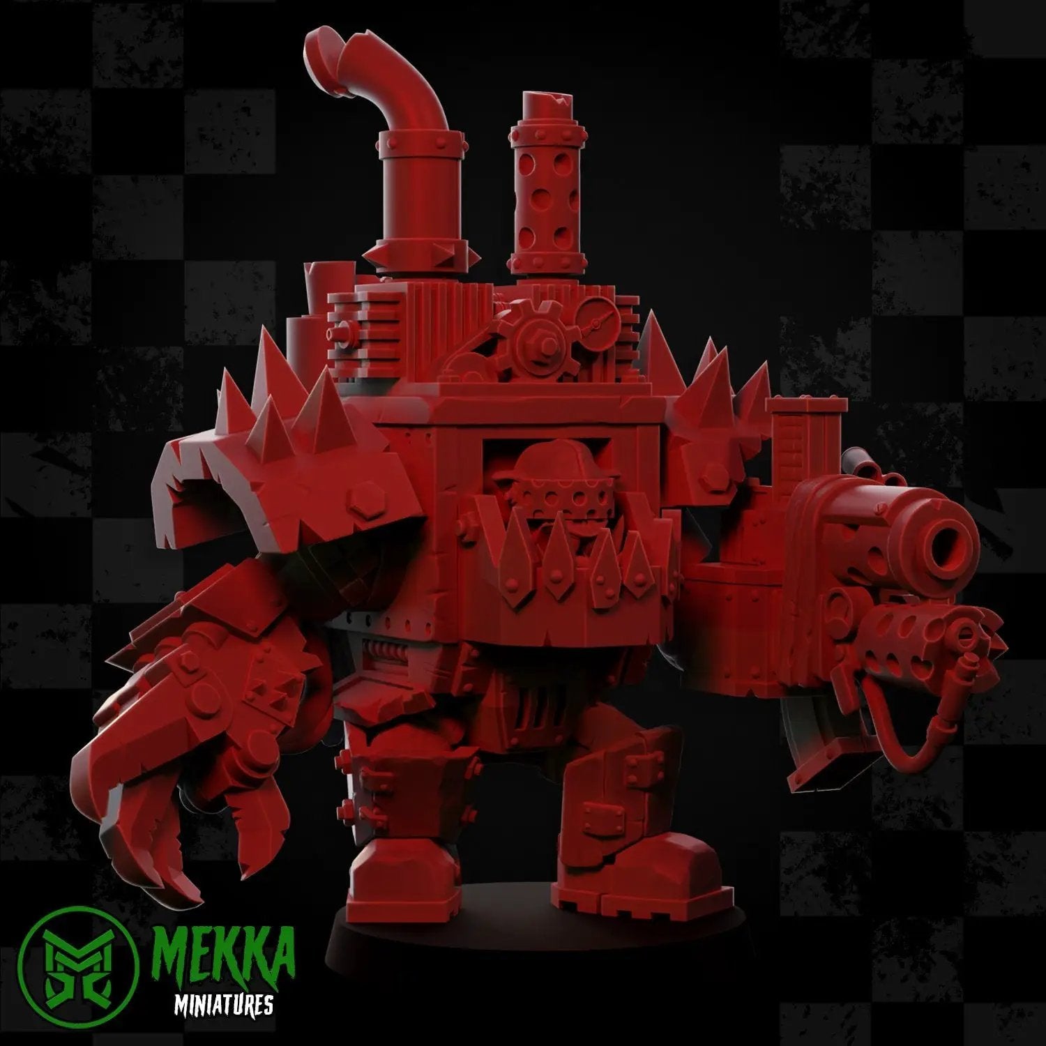 3D printed Super Mega Armored Ork model by Last Hope Miniatures, featuring detailed armor and fierce battle stance.
