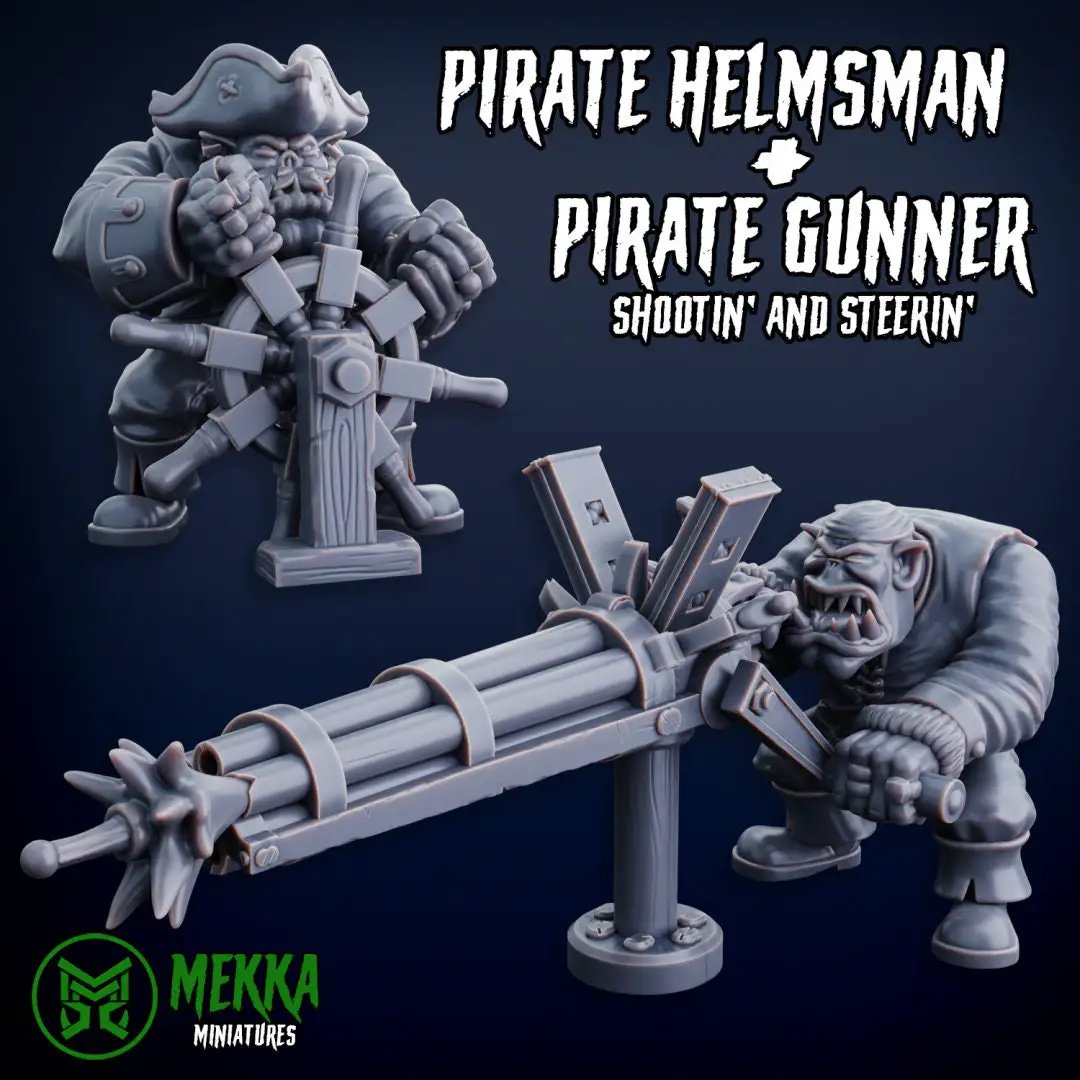 3D printed Ork Pirate Helmsman and Gunner miniatures by Last Hope Miniatures, featuring detailed Ork figures in pirate attire.