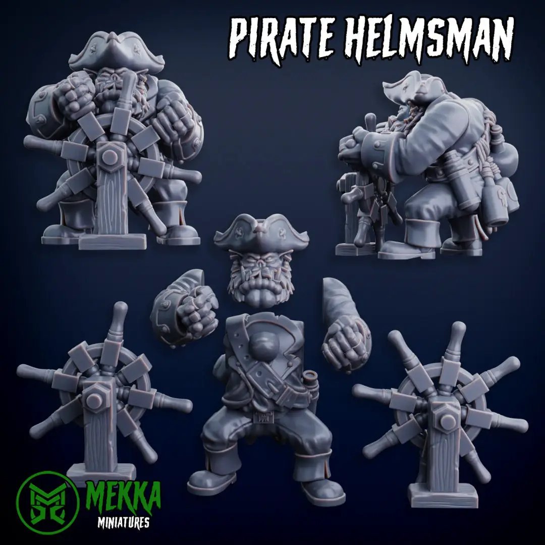 3D printed Ork Pirate Helmsman and Gunner miniatures by Last Hope Miniatures, detailed Ork pirate figures from Mekka Miniatures.