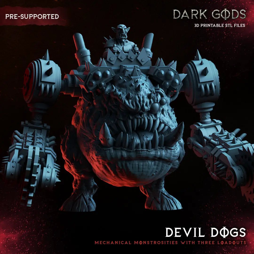 3D printed Orc Devil Dog miniature by Dark Gods Miniatures, detailed fantasy creature with demonic features and fierce stance.
