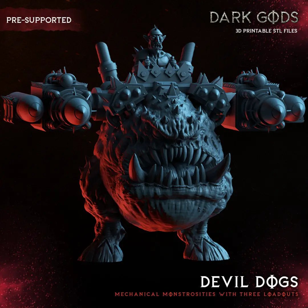 3D printed Orc Devil Dog miniature by Dark Gods for Last Hope Miniatures, showing detailed orc creature with devilish features.
