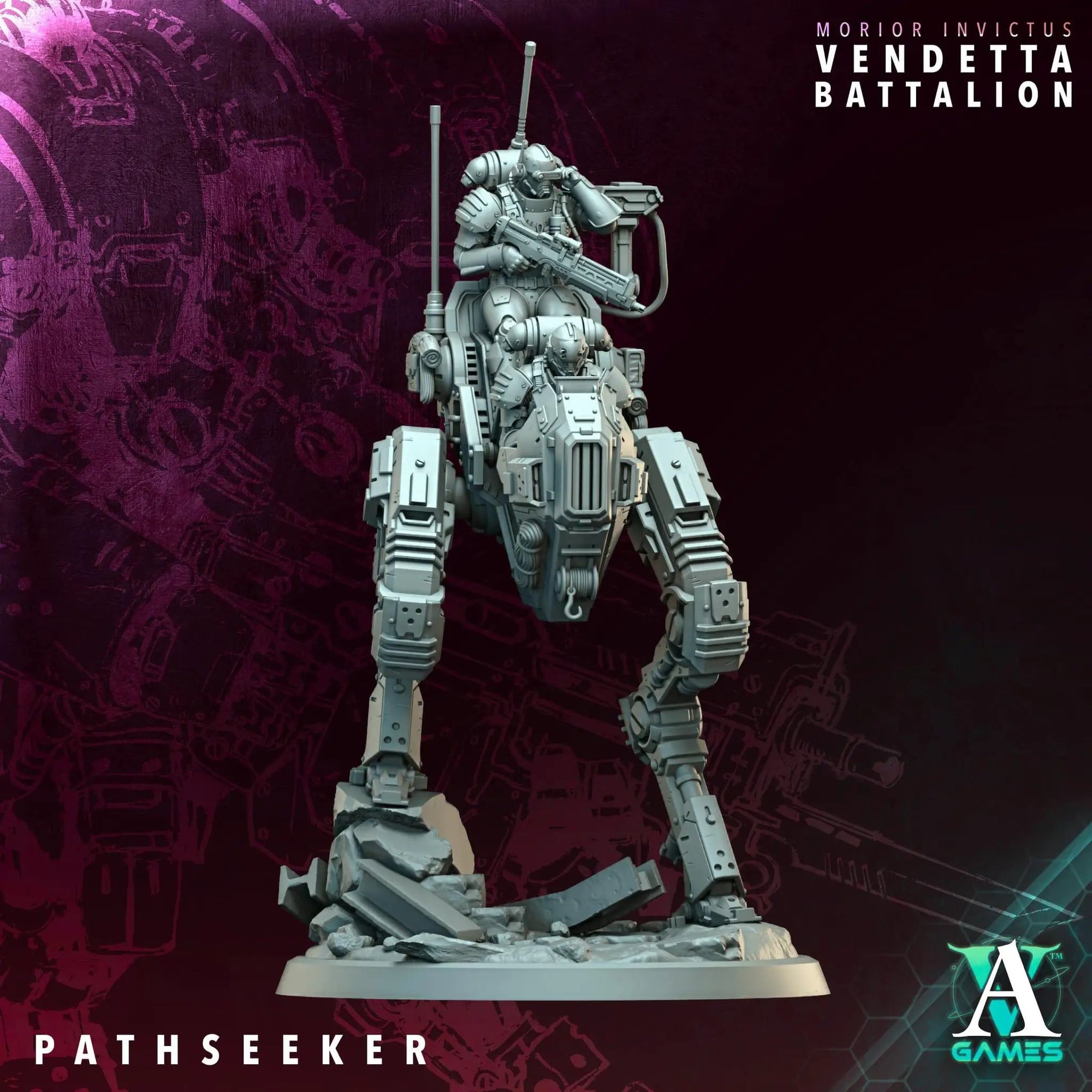3D printed Vendetta Walkers by Archvillain Games for Last Hope Miniatures, detailed sci-fi miniatures on a scenic base.