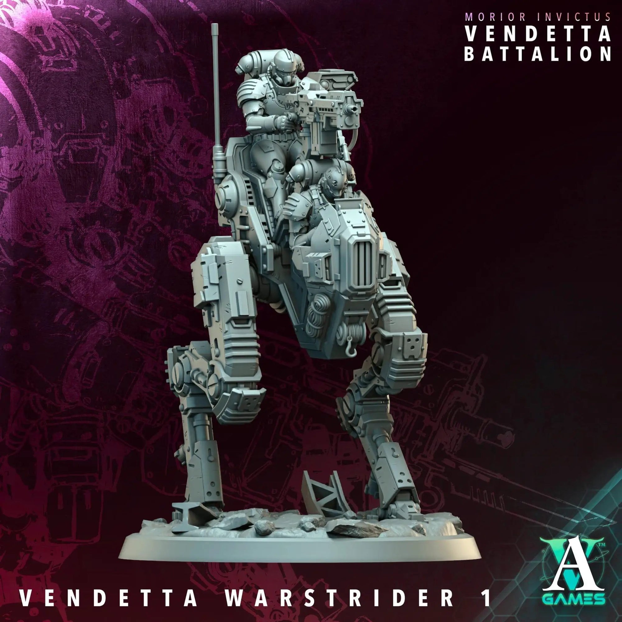 3D-printed Vendetta Walkers miniatures by Archvillain Games from Last Hope Miniatures, detailed sci-fi robot figures.
