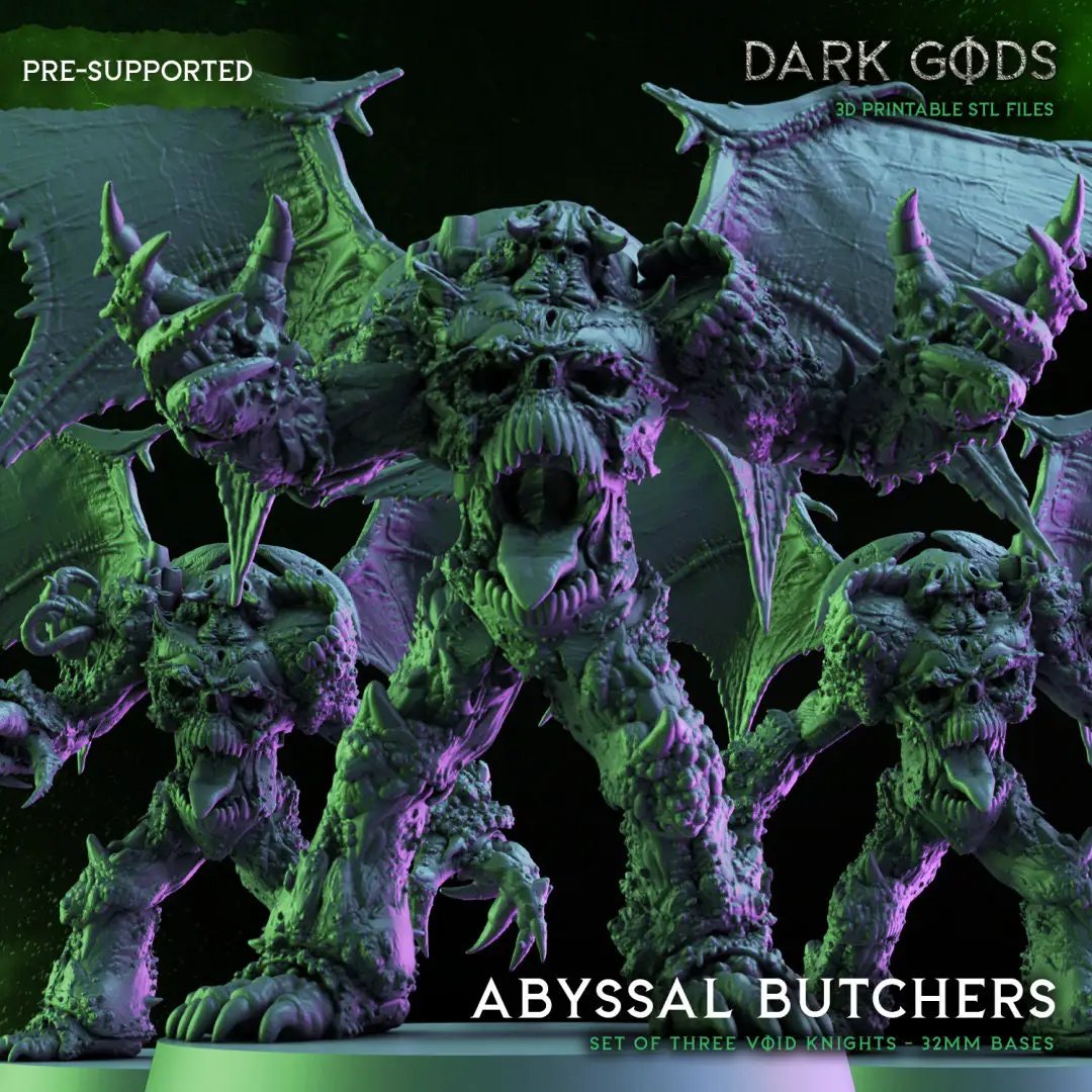 Three 3D printed Abyssal Butchers miniatures by Dark Gods Miniatures, displayed on a neutral background for Last Hope Miniatures.