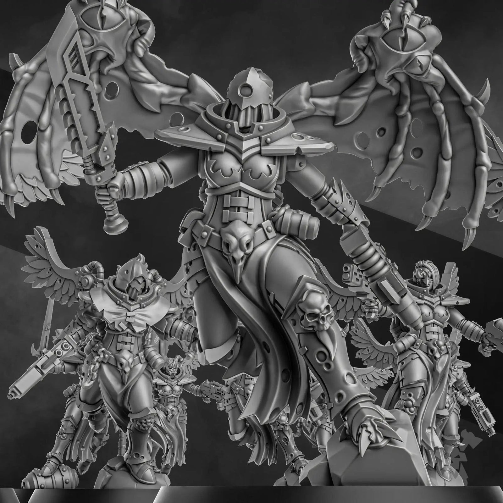 Set of five 3D printed Airborne Witch Squad miniatures by Last Hope Miniatures for DakkaDakka, detailed fantasy tabletop figures