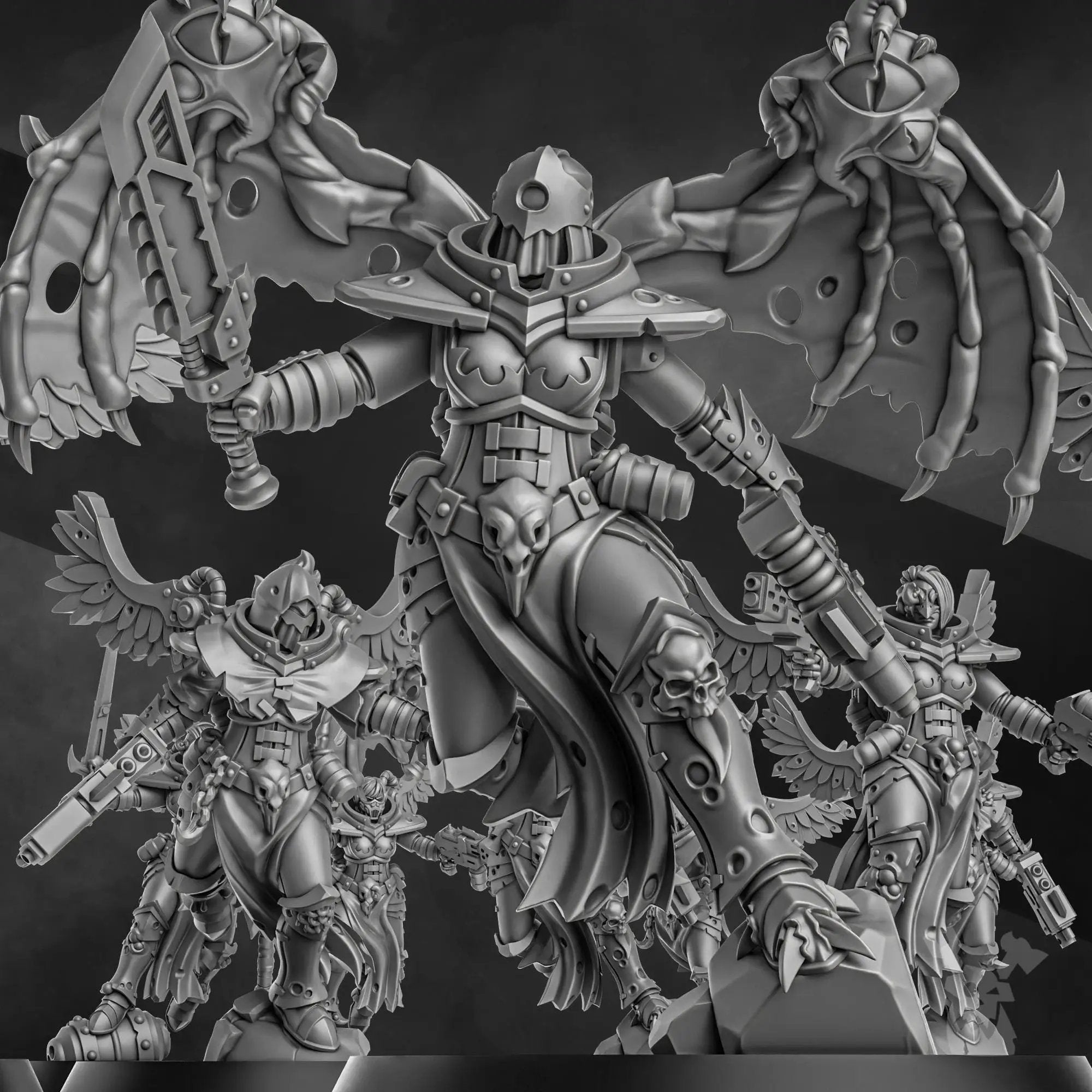 Set of five 3D printed Airborne Witch Squad miniatures by Last Hope Miniatures for DakkaDakka, detailed fantasy tabletop figures