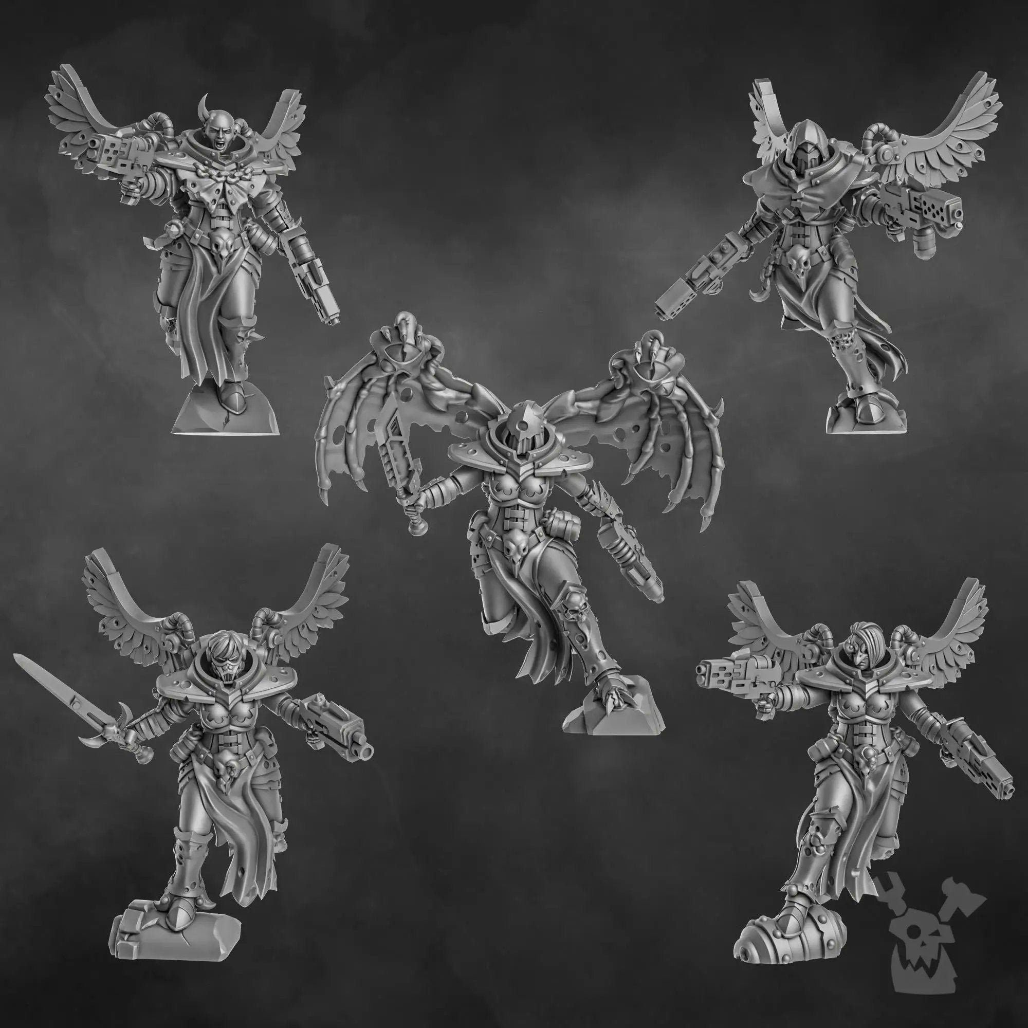 Three 3D printed Airborne Witch Squad miniatures by DakkaDakka Miniatures, displayed on a plain background.