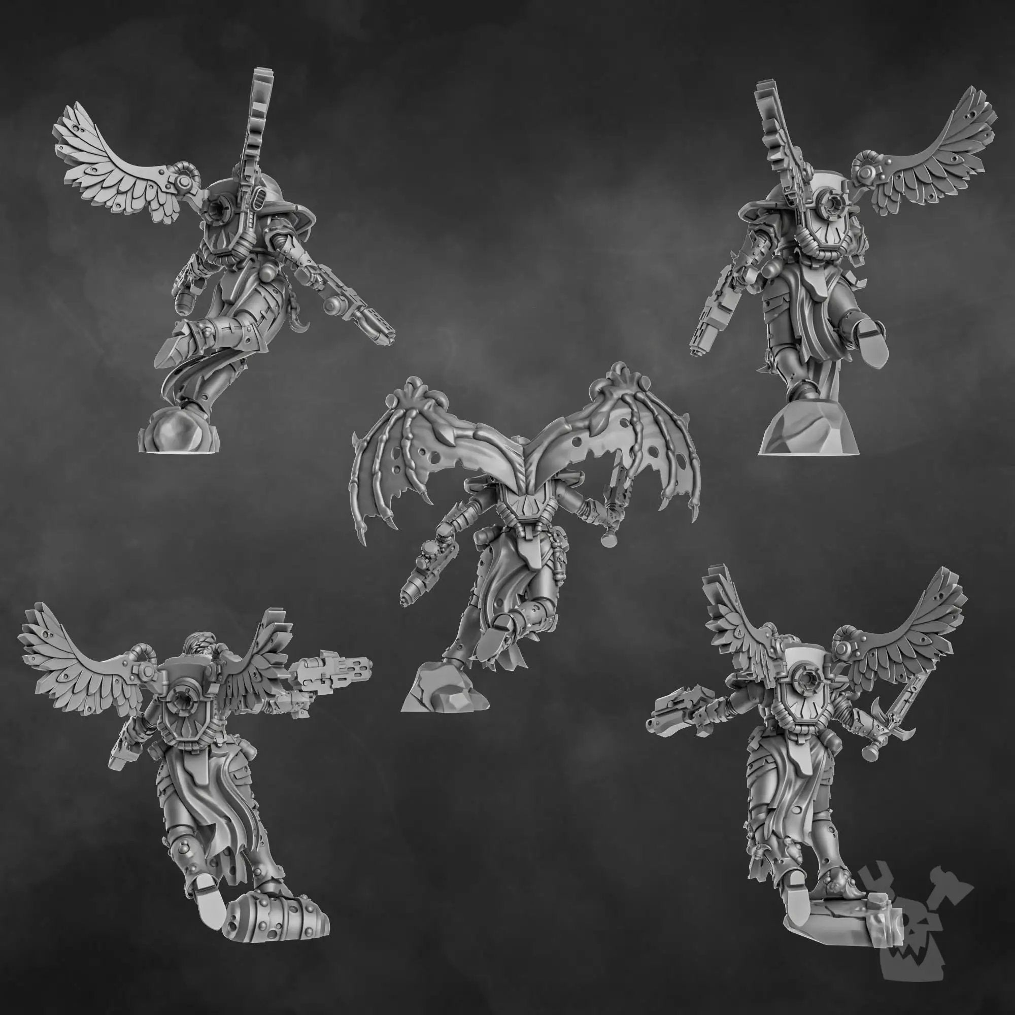 Three 3D printed Airborne Witch Squad miniatures by DakkaDakka, featuring detailed fantasy soldier designs from Last Hope Miniatures.