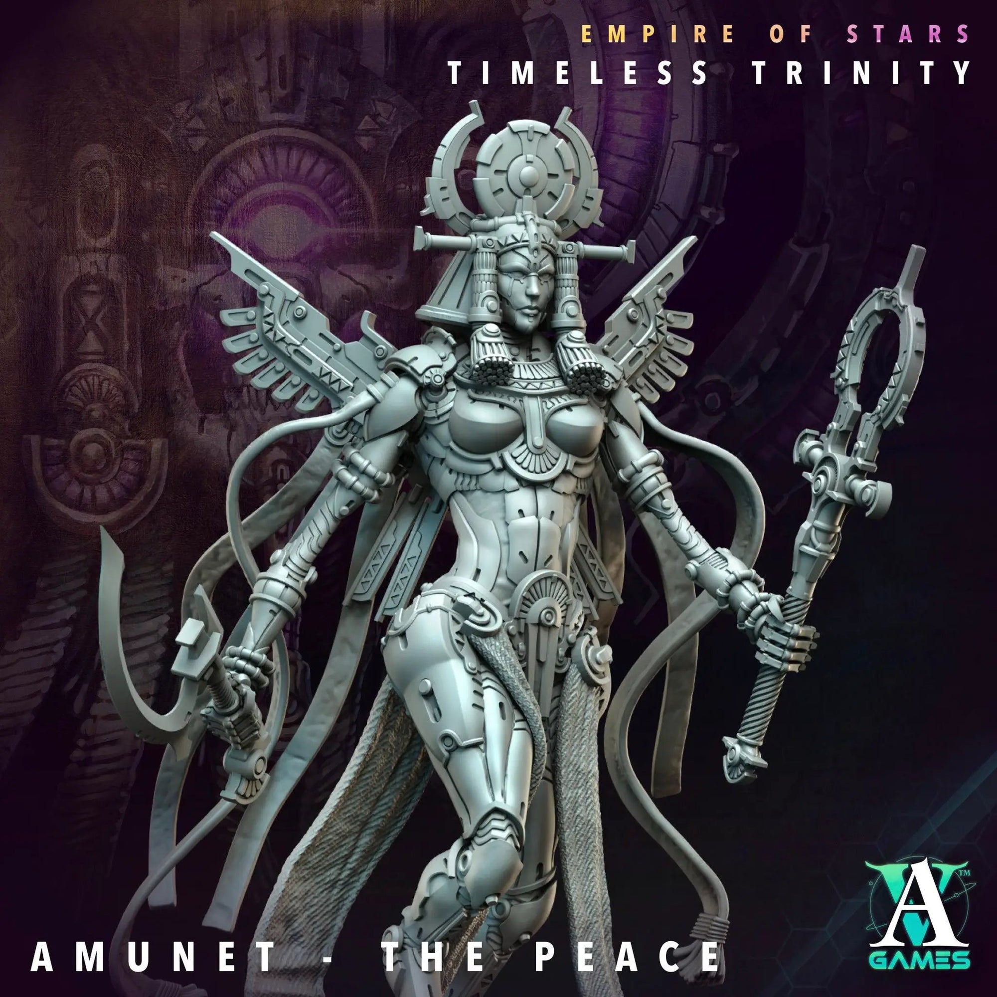 3D printed Amunet figure from Last Hope Miniatures, featuring intricate design and detailed craftsmanship by Archvillain Games.