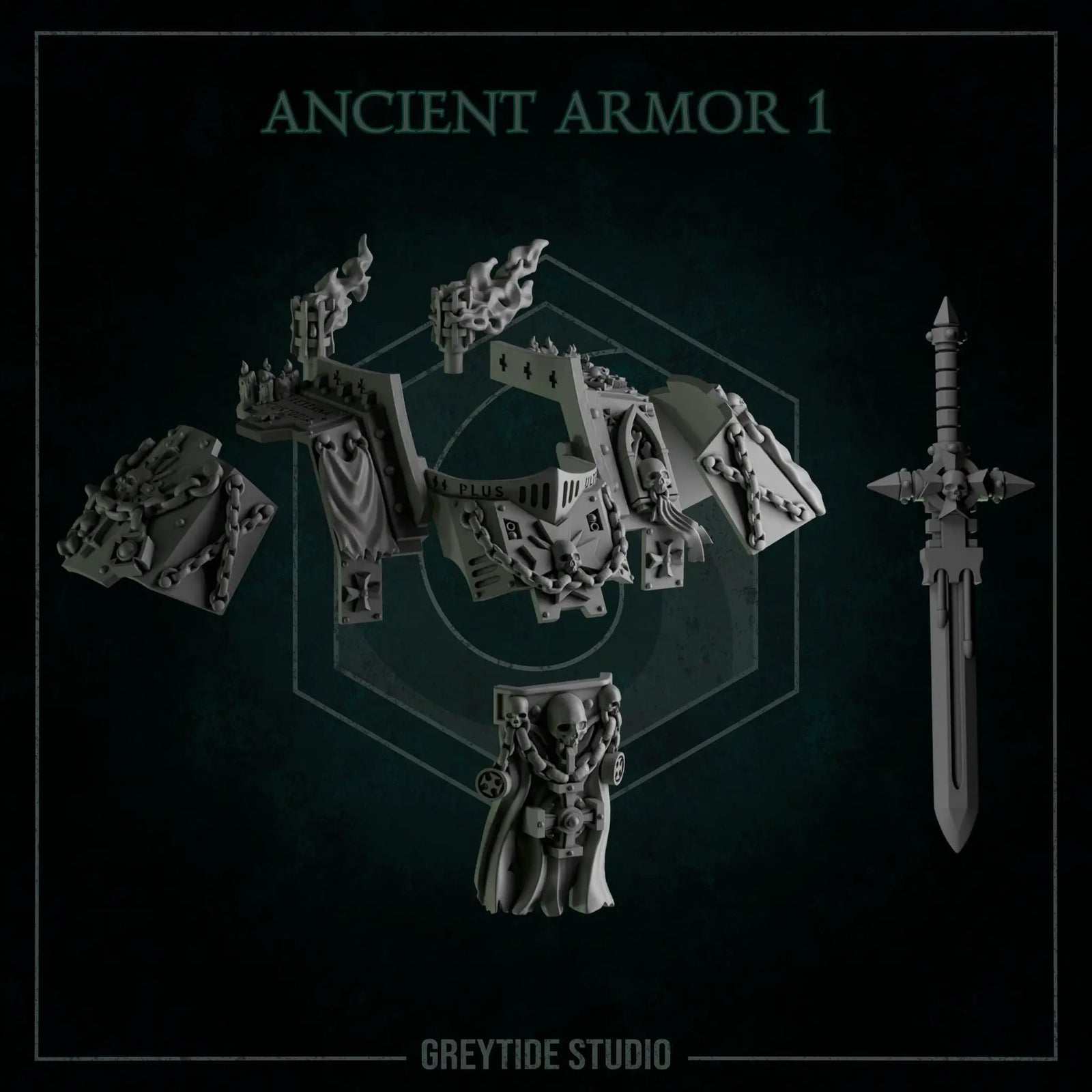 3D printed ancient armor upgrade kit by Greytide Studio for Last Hope Miniatures, featuring detailed miniature armor pieces.
