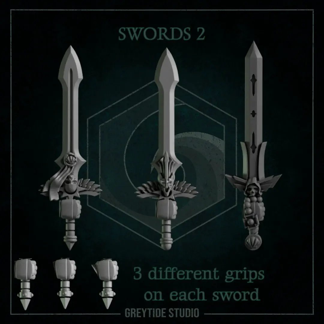Set of nine 3D printed angel wing swords by Last Hope Miniatures for Greytide Studio, featuring detailed wing and sword designs.