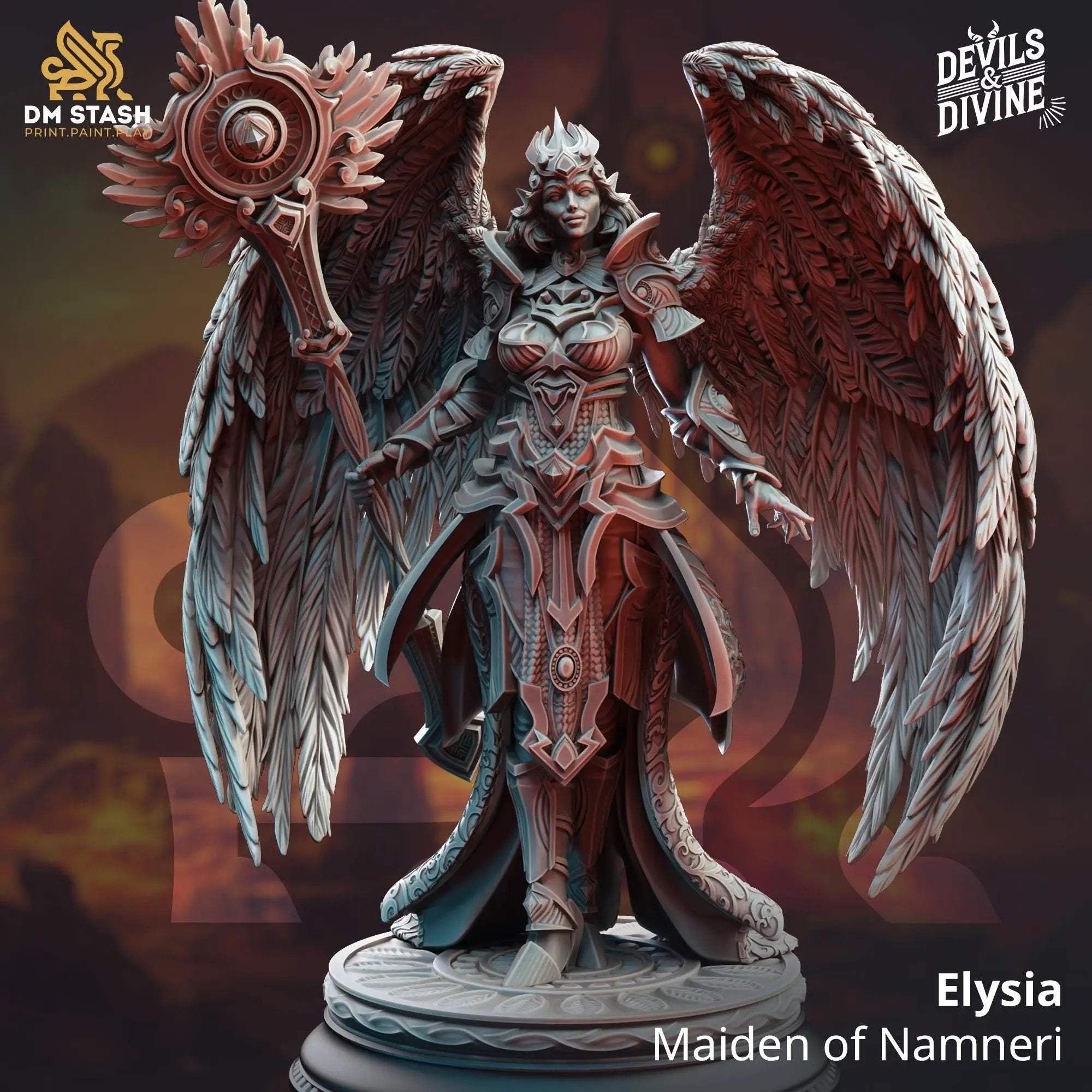 3D printed angelic cleric miniature by Last Hope Miniatures, featuring detailed angelic figure with robes and wings.