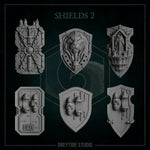 Six 3D printed angelic shields by Last Hope Miniatures for Greytide Studio, featuring detailed, ornate designs on a white background.