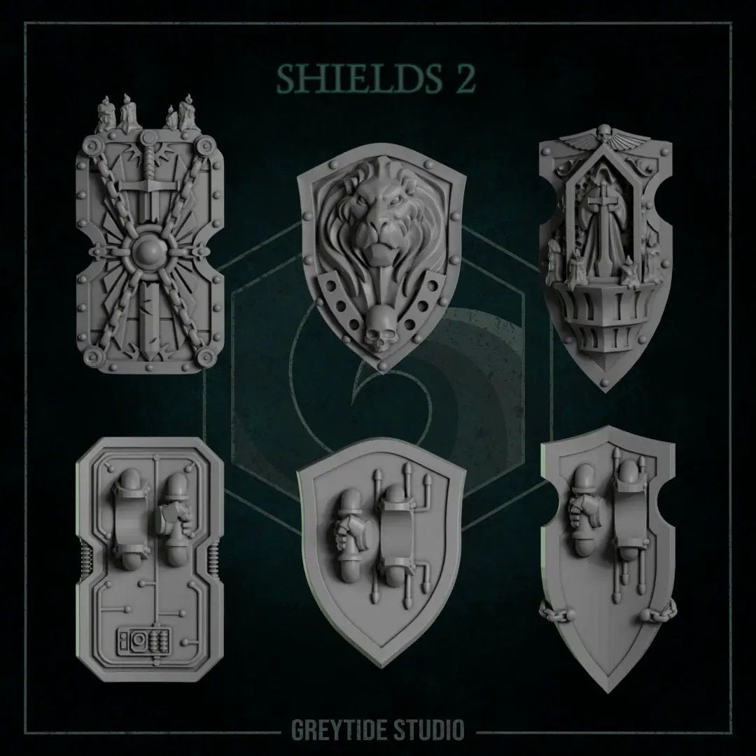 Six 3D printed angelic shields by Last Hope Miniatures for Greytide Studio, featuring detailed, ornate designs on a white background.
