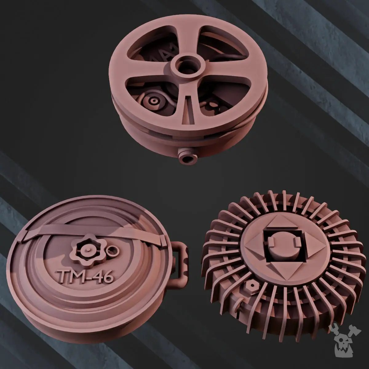 Six 3D printed anti-tank mines from Last Hope Miniatures, detailed miniature models for tabletop gaming.