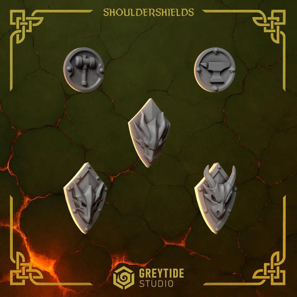Set of 10 3D printed Anvil Warden Shoulder Shields by Last Hope Miniatures for tabletop gaming, detailed miniature armor pieces.