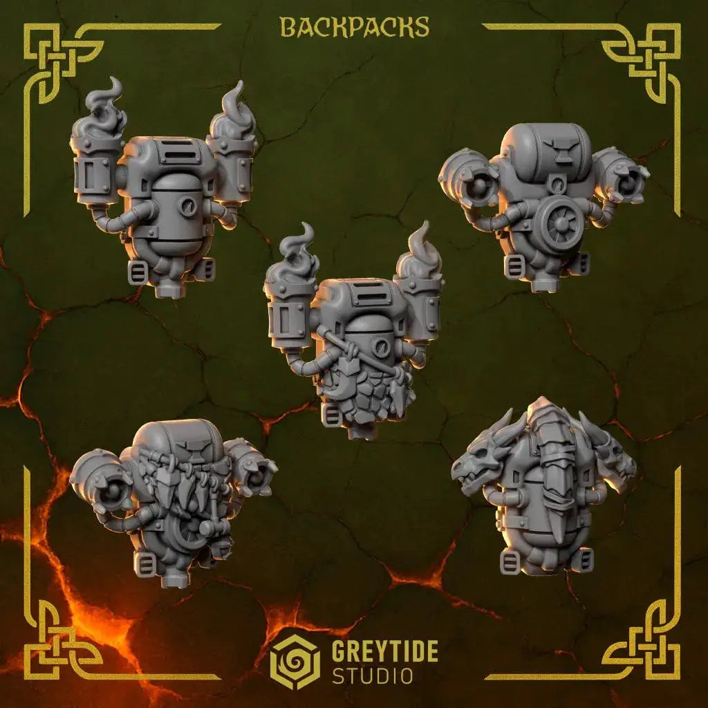 Ten 3D printed Anvil Wardens backpacks by Greytide Studio for Last Hope Miniatures, showing detailed miniature accessory designs.