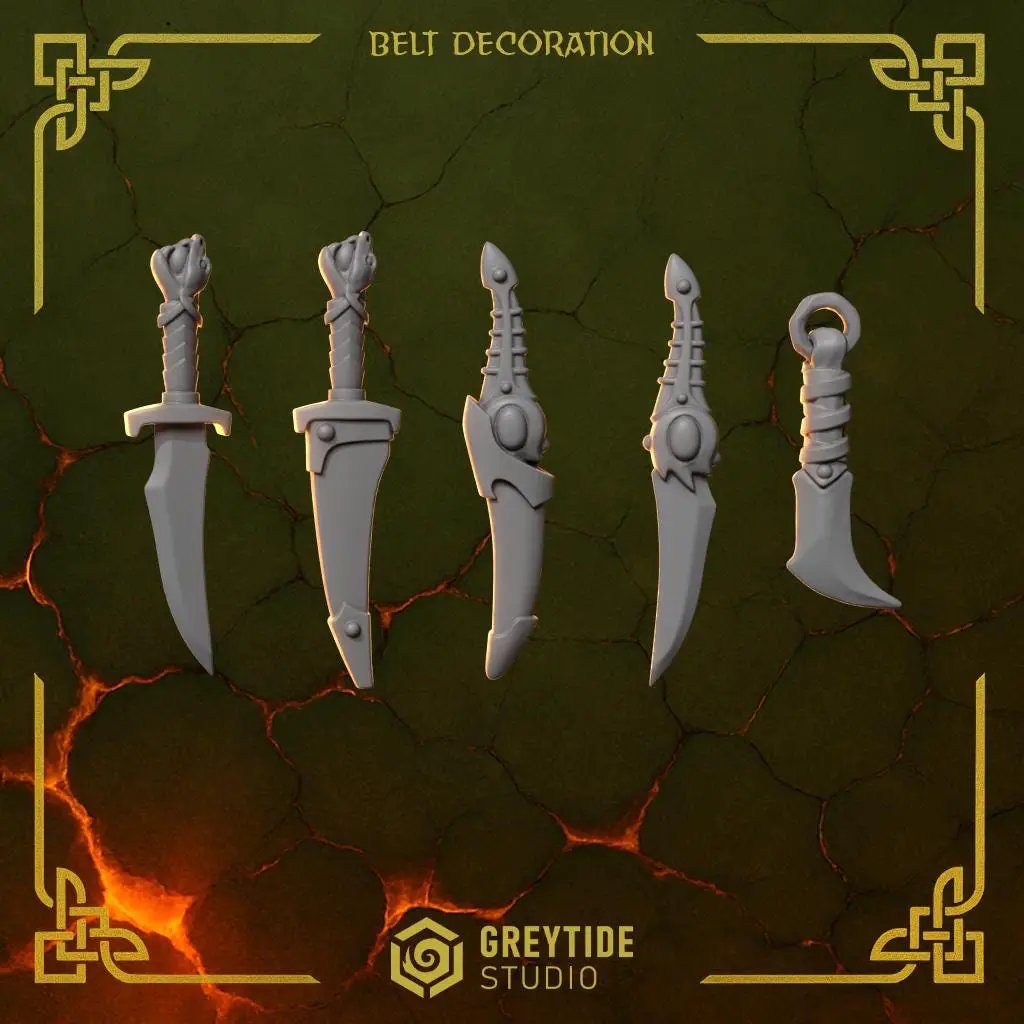 3D printed Anvil Wardens belt decorations by Last Hope Miniatures for Greytide Studio, featuring detailed metalwork and fantasy design.