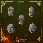 Set of ten 3D printed Anvil Wardens Heads #1 miniatures by Last Hope Miniatures from Greytide Studio, featuring detailed fantasy head designs.