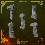 Three 3D printed Anvil Wardens loincloths miniatures by Greytide Studio for Last Hope Miniatures, featuring detailed armor and fabric textures.