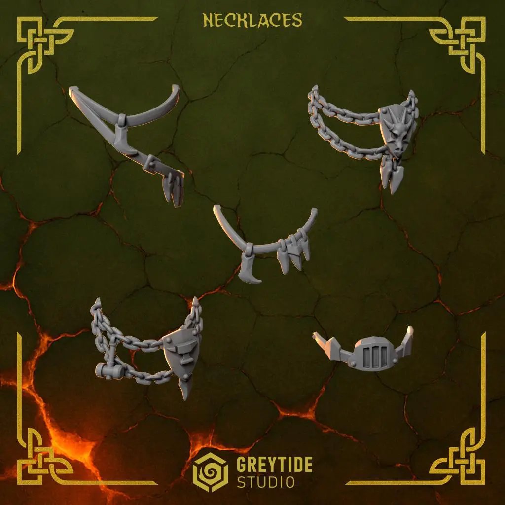 3D printed Anvil Wardens necklaces by Last Hope Miniatures, featuring detailed fantasy-inspired pendant designs.