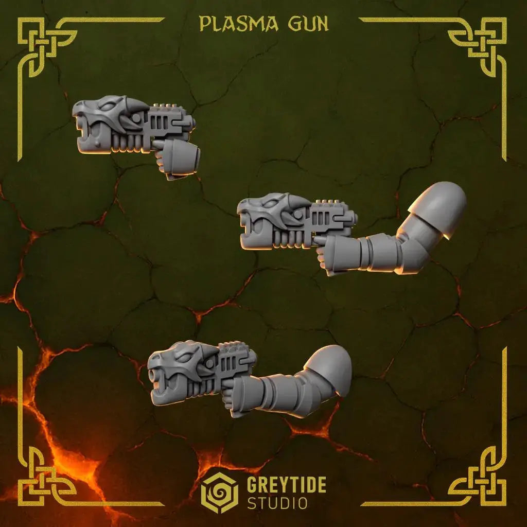 Six 3D printed Anvil Wardens Plasma Guns by Last Hope Miniatures from Greytide Studio, detailed miniature weapons for tabletop gaming.