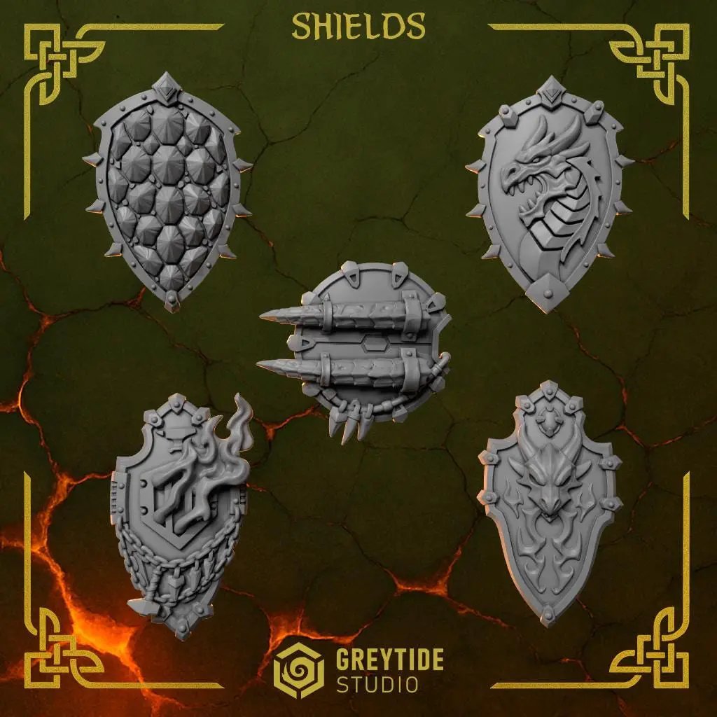 3D printed Anvil Wardens shields by Last Hope Miniatures for Greytide Studio, showing detailed miniature shield designs.