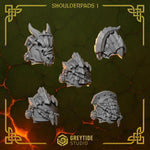 10 3D printed Anvil Wardens Shoulderpads by Greytide Studio, featuring detailed metallic armor design for miniatures.