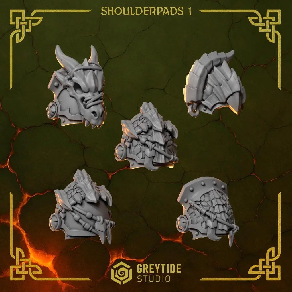 10 3D printed Anvil Wardens Shoulderpads by Greytide Studio, featuring detailed metallic armor design for miniatures.