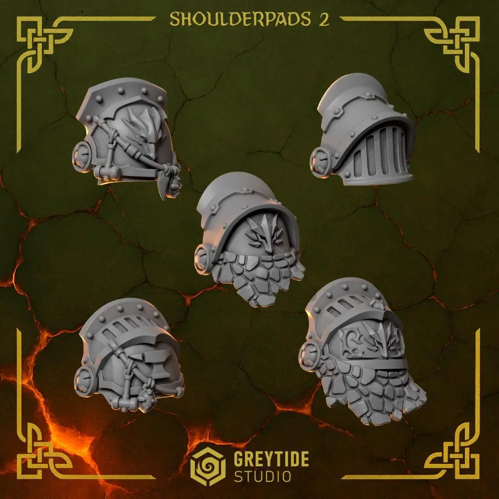 Set of 10 3D printed Anvil Wardens Shoulderpads by Greytide Studio for Last Hope Miniatures, detailed armor pieces for tabletop gaming.