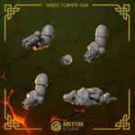 Six 3D printed Anvil Wardens Wrist Flamer Guns by Last Hope Miniatures for Greytide Studio, detailed miniature weapon set.