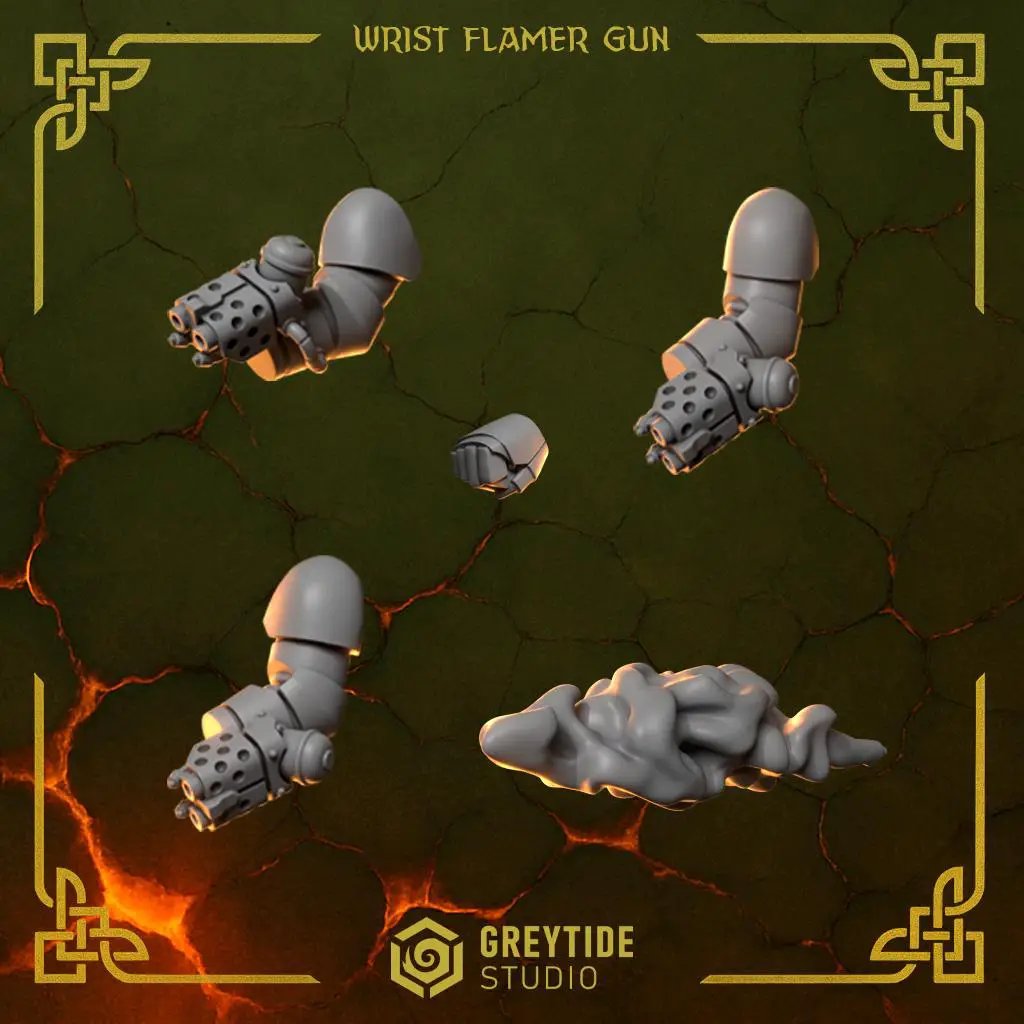 Six 3D printed Anvil Wardens Wrist Flamer Guns by Last Hope Miniatures for Greytide Studio, detailed miniature weapon set.