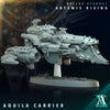 3D printed Aquila Carrier model by Last Hope Miniatures for Archvillain Games, showing detailed sci-fi spaceship with wings and weaponry.