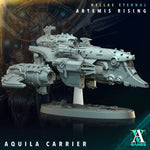 3D printed Aquila Carrier model by Last Hope Miniatures for Archvillain Games, showing detailed sci-fi spaceship with wings and weaponry.