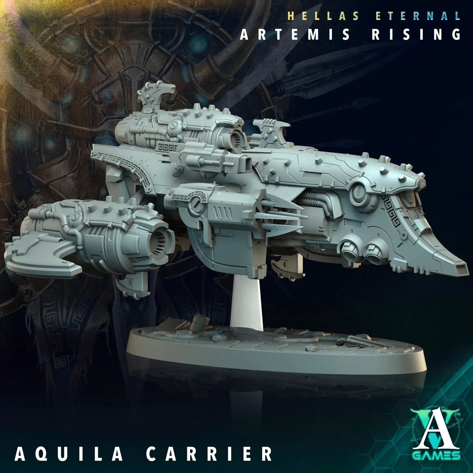 3D printed Aquila Carrier model by Last Hope Miniatures for Archvillain Games, showing detailed sci-fi spaceship with wings and weaponry.