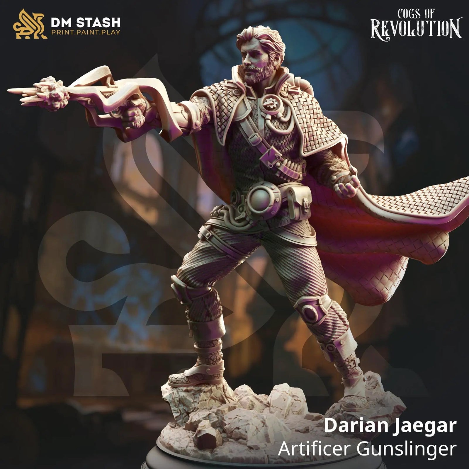 3D printed Artificer Gunslinger miniature by Last Hope Miniatures for DM Stash, detailed figure with steampunk armor and weaponry