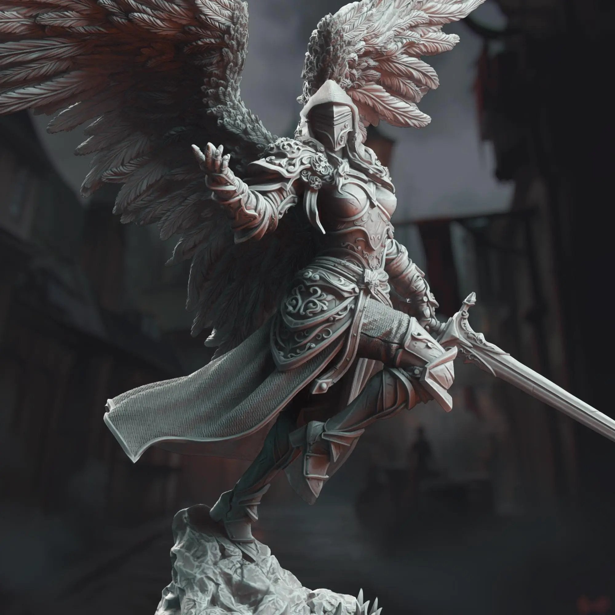 3D printed Ascended Commander Knight Lydia the Merciless miniature by Last Hope Miniatures, showing detailed armor and weaponry.