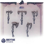 Set of ten 3D printed axes by Last Hope Miniatures for tabletop gaming, featuring detailed designs and realistic miniature weaponry.