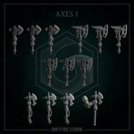 Set of 13 3D printed axes by Last Hope Miniatures for Greytide Studio, detailed miniature weapon pieces on a neutral background.