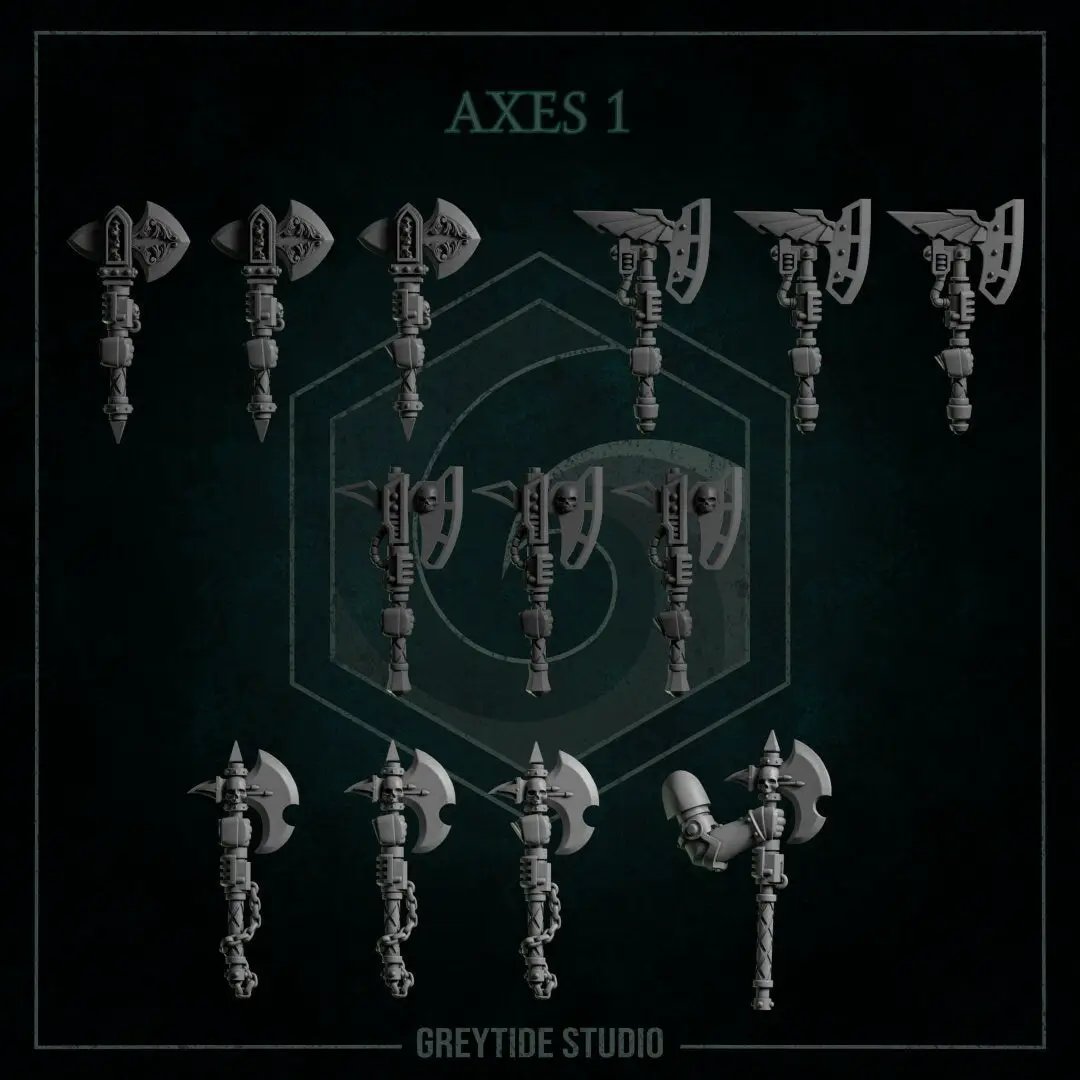 Set of 13 3D printed axes by Last Hope Miniatures for Greytide Studio, detailed miniature weapon pieces on a neutral background.