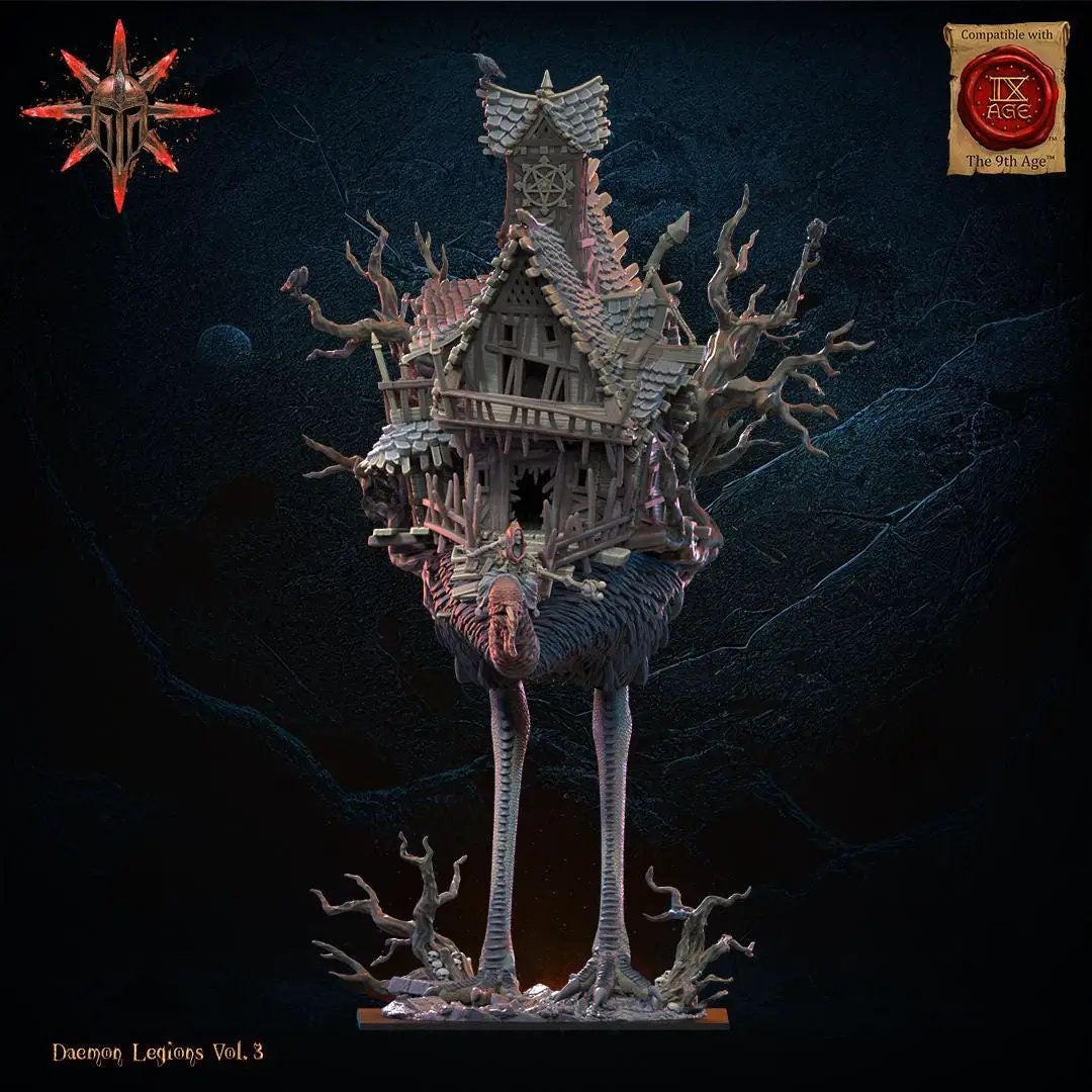 3D printed Baba Jaga demon witch on horror bird, detailed miniature by Last Hope Miniatures, showcasing intricate sculpting and dark fantasy design.