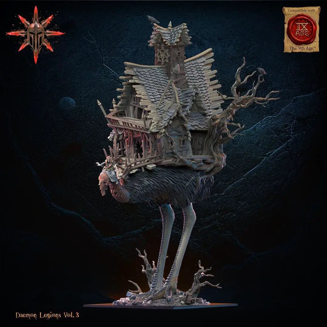 3D printed Baba Jaga demon witch riding a horror bird, detailed miniature by Last Hope Miniatures for Lost Kingdom Miniatures.