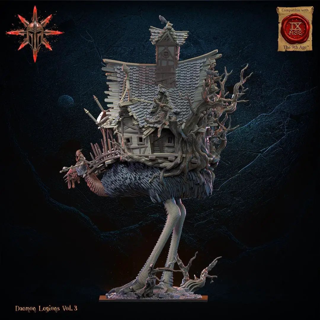 3D printed Baba Jaga demon witch on horror bird miniature by Last Hope Miniatures, detailed fantasy figure for tabletop gaming