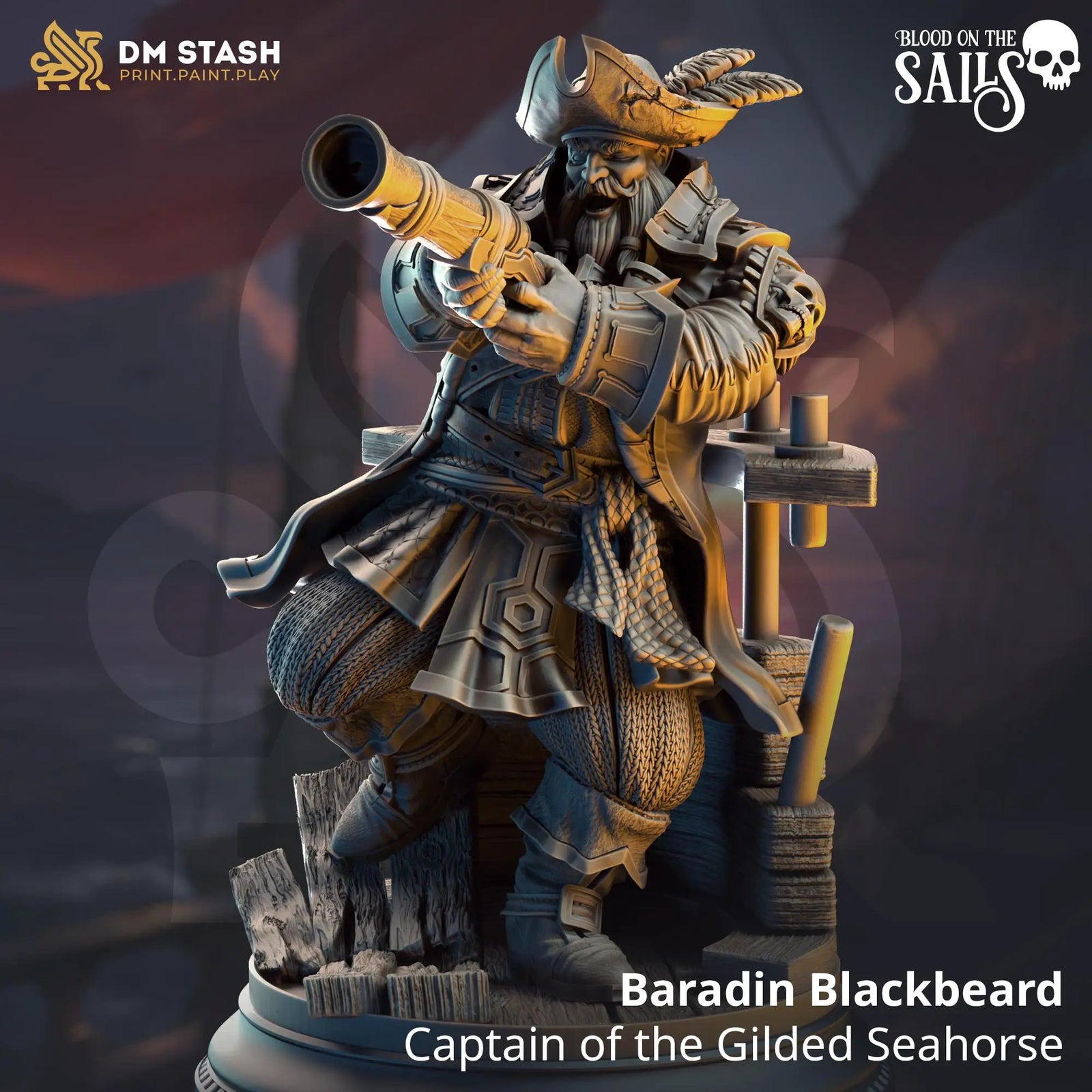 3D printed Baradin Blackbeard miniature by Last Hope Miniatures, Captain of the Gilded Seahorse, detailed black and gold pirate figure