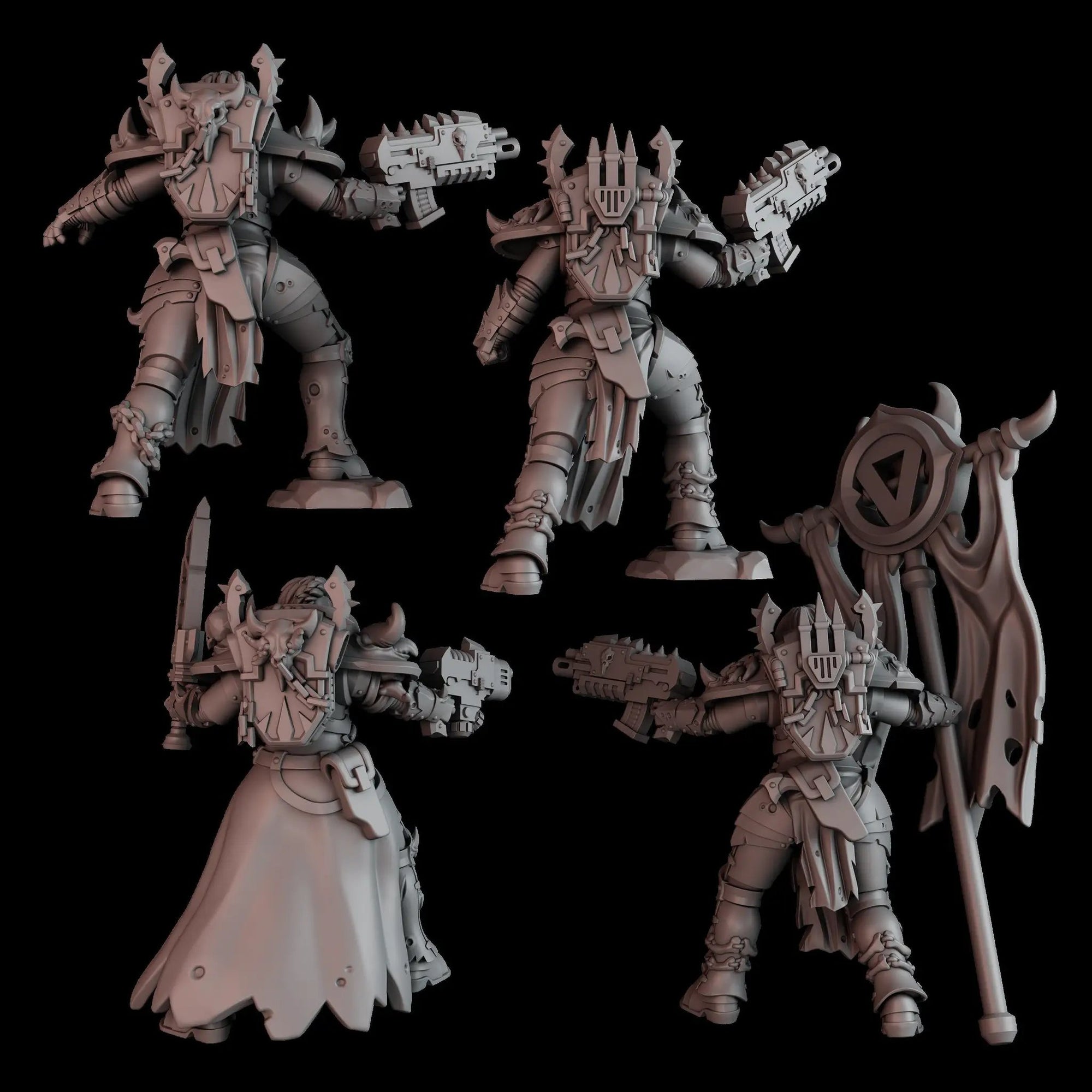 3D printed Battle Witch Squad miniatures by Last Hope Miniatures, detailed figures with intricate armor and weapon designs.
