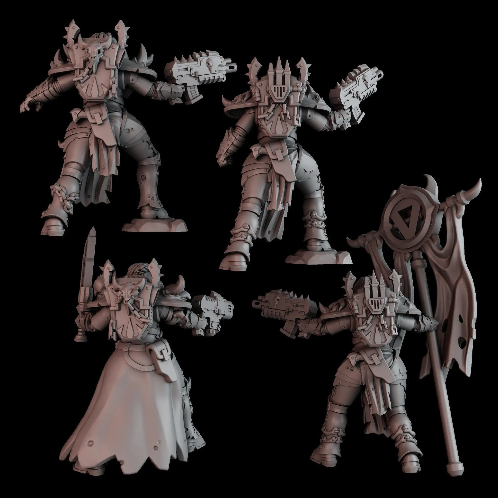 3D printed Battle Witch Squad miniatures by Last Hope Miniatures, detailed figures with intricate armor and weapon designs.